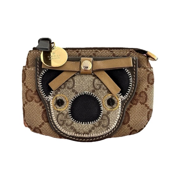 Authentic GUCCI Tan GG Monogram Canvas & Brown Leather Teddy Bear Card Holder - Picture 3 of 16